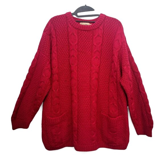 L.L. Bean Sweaters - Vintage L.L. BEAN Fisherman Sweater Berry Aran Cable Knit Oversized Pullover